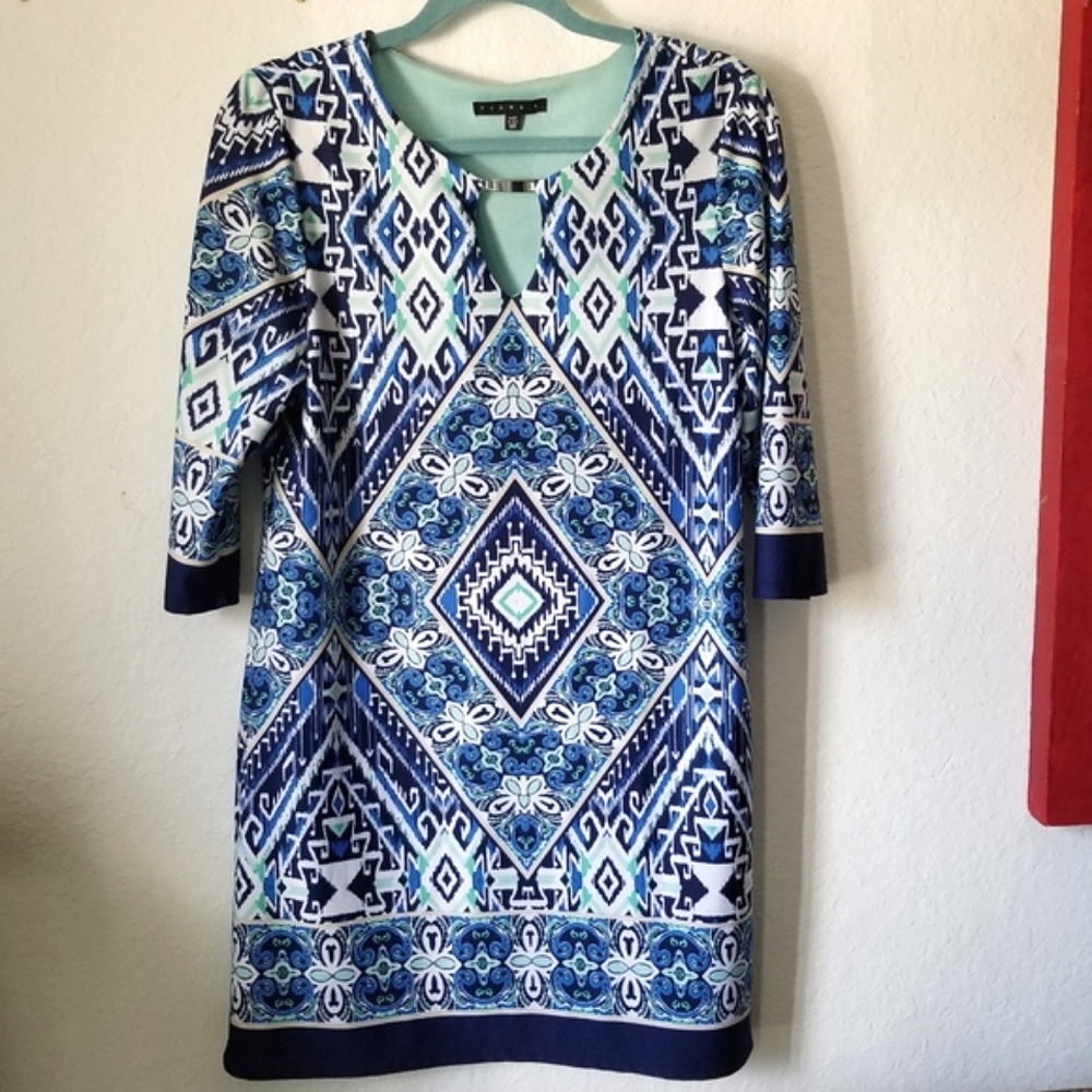 Tiana B. Blue and Mint Geometric Print Shift Dress